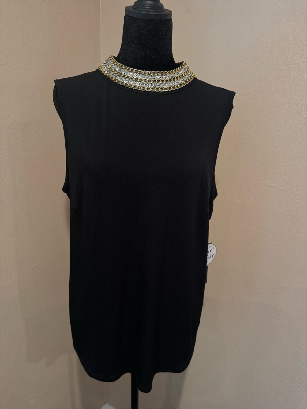 Moa Moa Black Slinky Tank Top w/ Gold Chain & Silver Rhinestone High Neck, XL